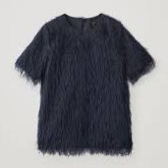 NWT- COS Navy Blue Women’s Feathered Faux Ostrich Short-Sleeved Top - Size 2 - Picture 1 of 3